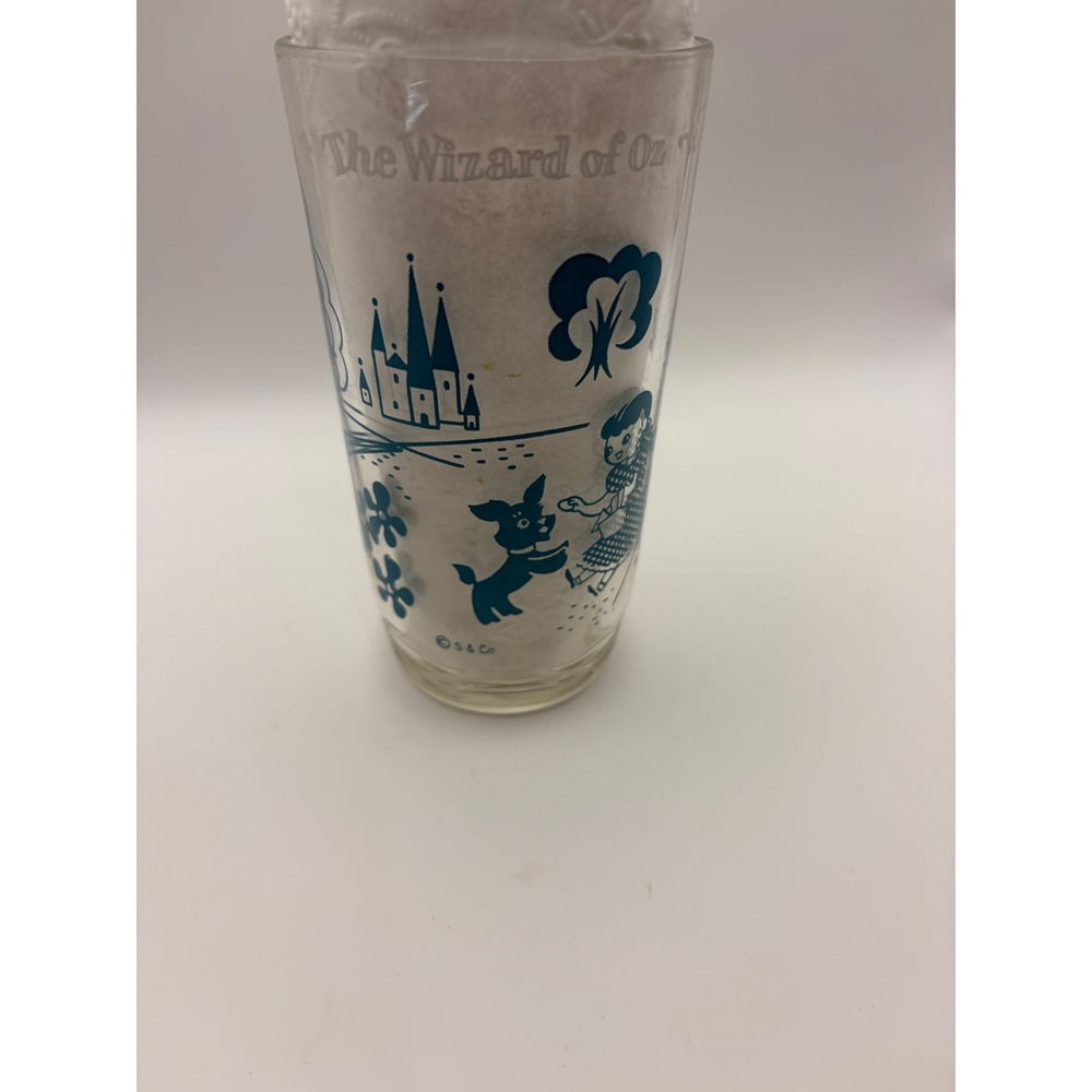 Vintage Wizard of Oz Toto Teal Blue Glass Tumbler Wavy Bottom S&Co
